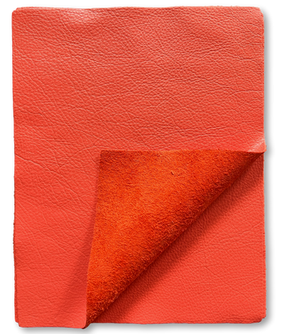 Close-up of Orange Cowhide Leather Sheets, 8.5 × 11 in showing grain, texture, and finish