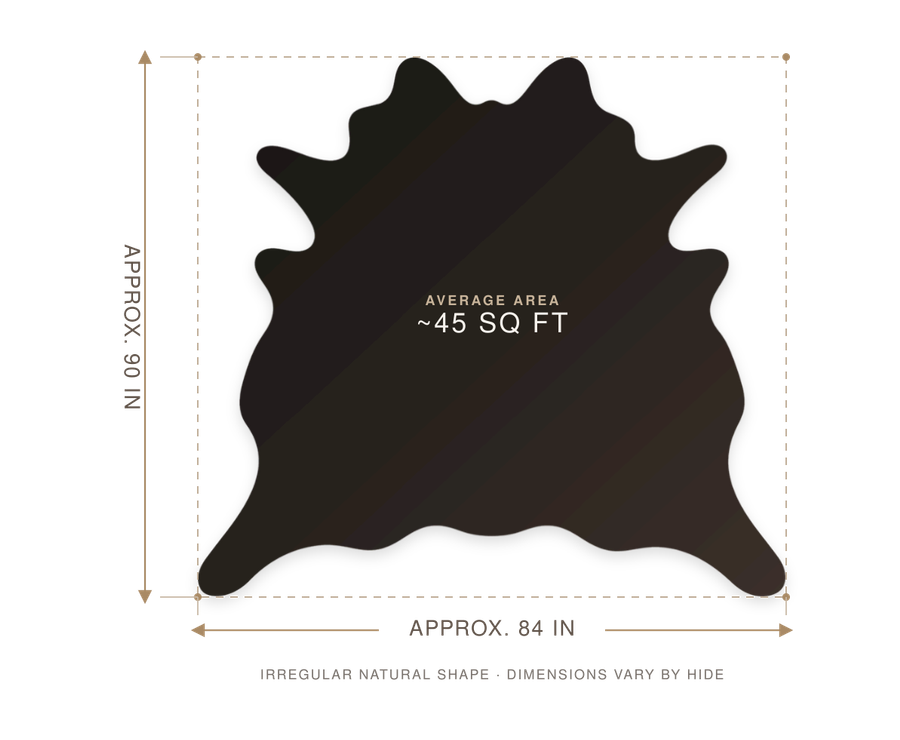 Chocolate Brown Classic Cowhide – Chrome-Tanned Automotive and Furniture Upholstery Leather, Full Aniline Finish, Top Grain, 1.0–1.2 mm (~3 oz), ~45 Sq Ft Whole Hide size guide
