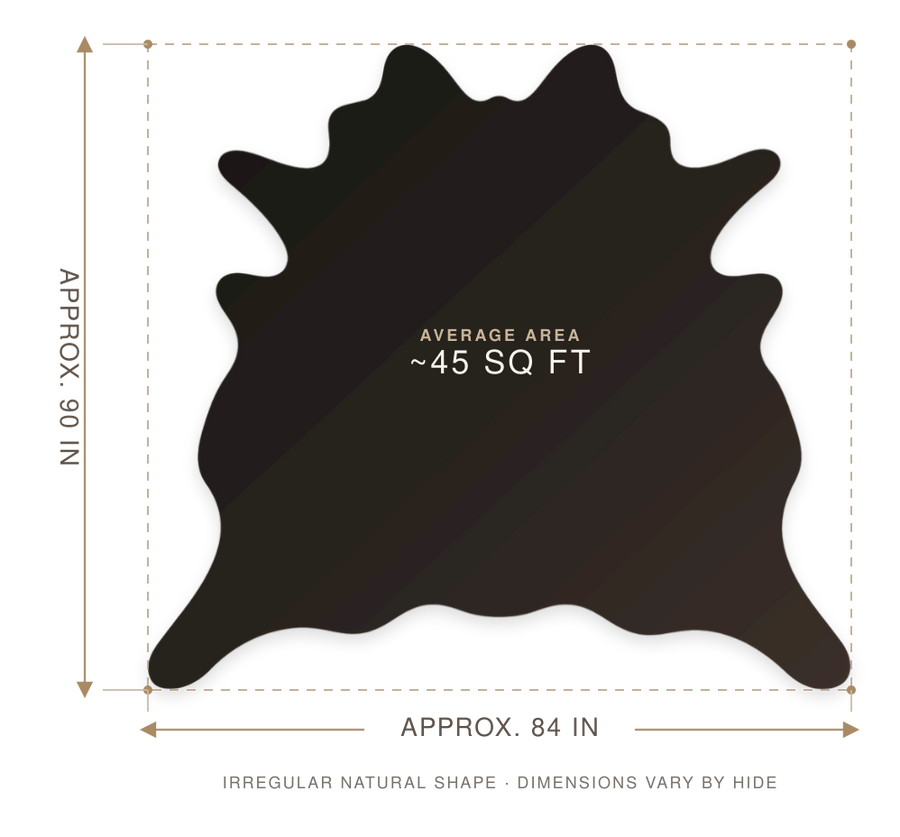 Cognac Classic Cowhide – Chrome-Tanned Automotive and Furniture Upholstery Leather, Full Aniline Finish, Top Grain, 1.0–1.2 mm (~3 oz), ~45 Sq Ft Whole Hide size guide