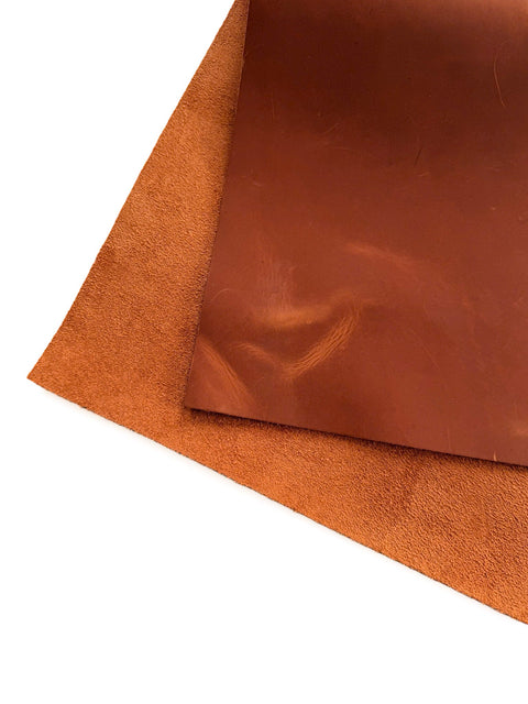 Front and suede back of tan Crazy Horse cowhide 12 x 24 pre-cut leather sheet