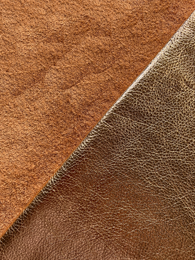 Rose Metallic Cowhide full side showing metallic foil color and natural grain