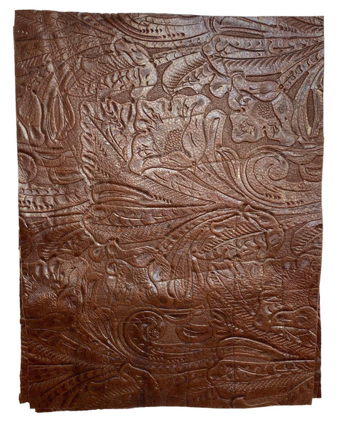 Brandy Large Floral Embossed Cowhide Leather: 8.5" x 11" Pre-Cut Pieces