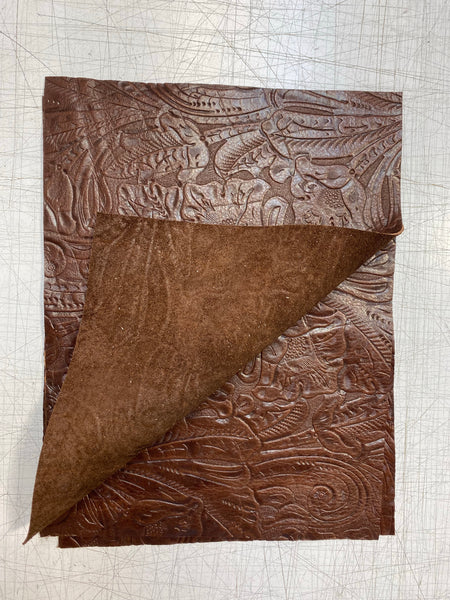 Brandy Large Floral Embossed Cowhide Leather: 8.5" x 11" Pre-Cut Pieces
